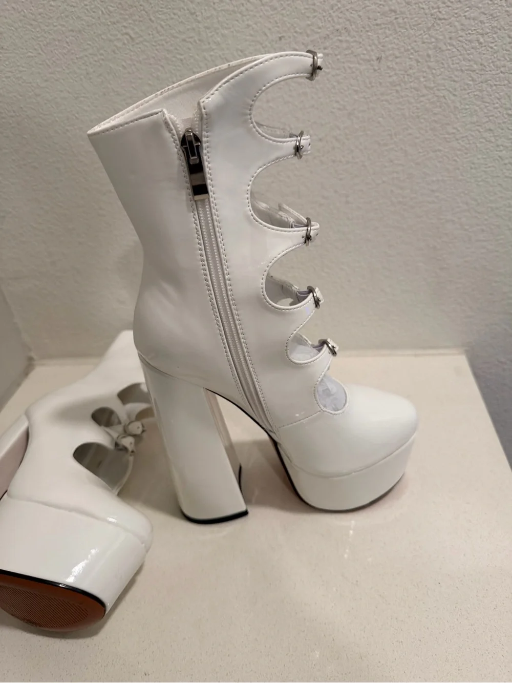 White Platform Ankle Boots with Scalloped Buckle Straps